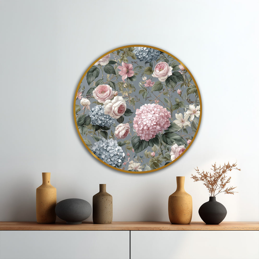 Vintage Garden Roses and Hydrangeas – Romantic Floral Round Oil Painting