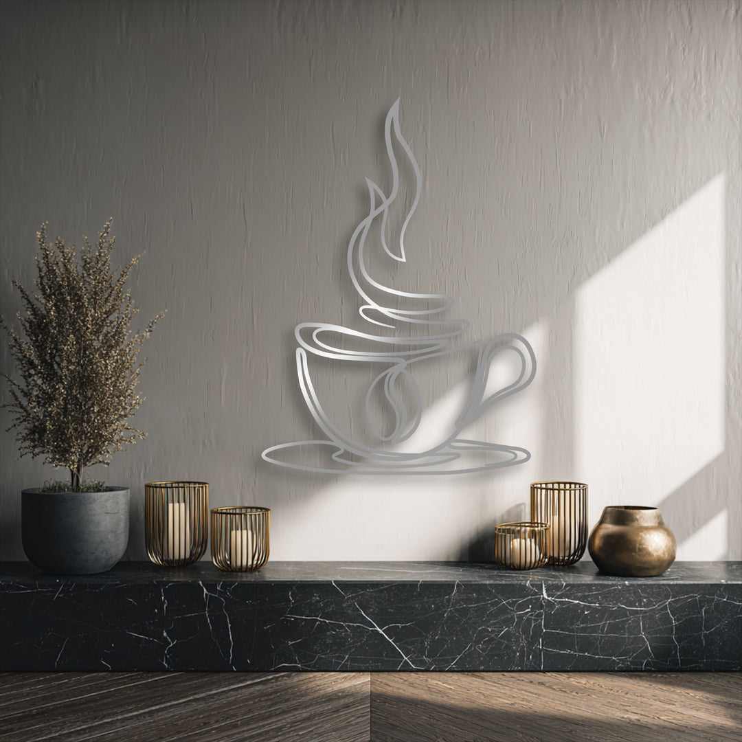 A muted greige wall features a sleek silver coffee cup line art, a unique piece of decoration wall art on a striking black marble surface.