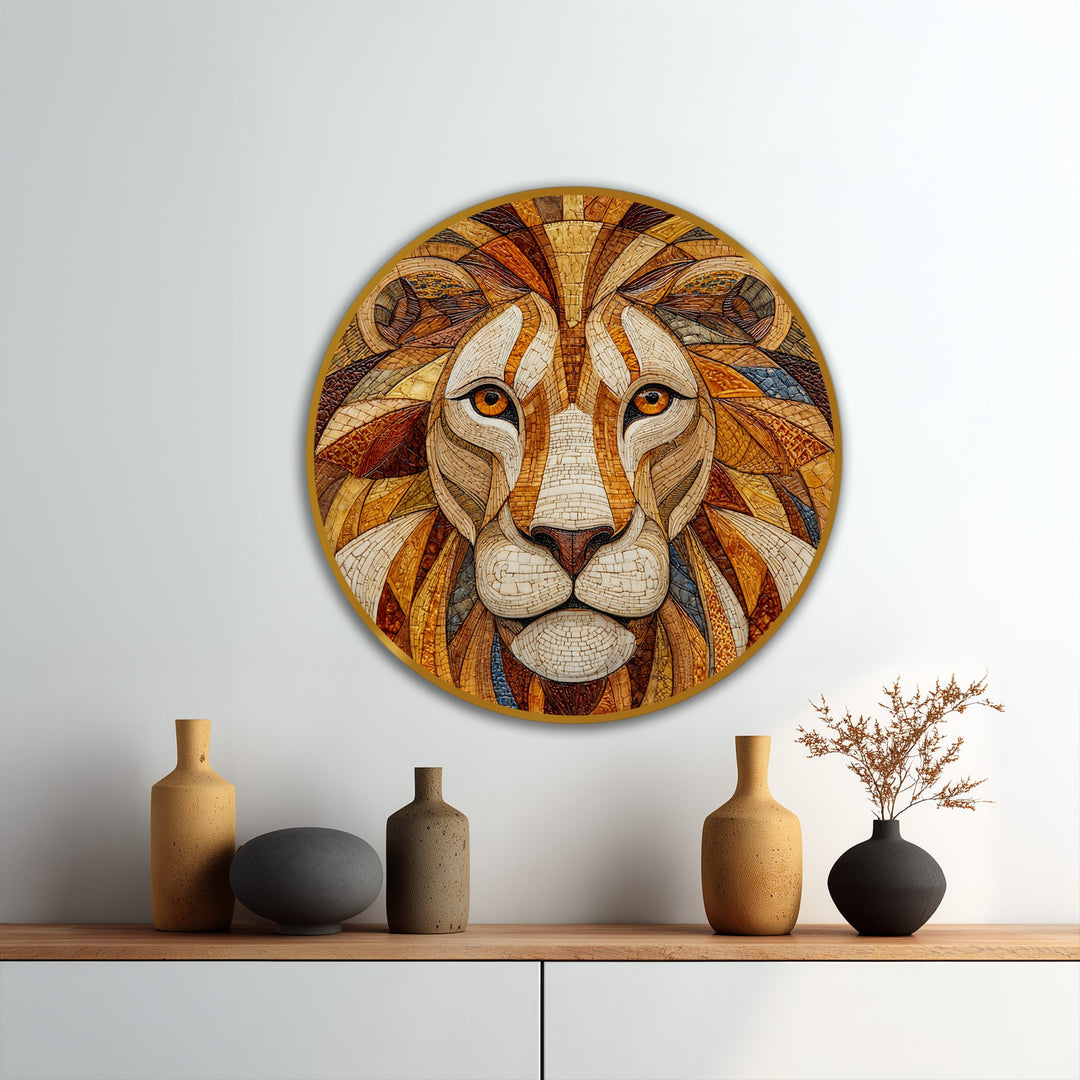 Golden Dominion – Retrato de león en mosaico redondo Cuadro al óleo