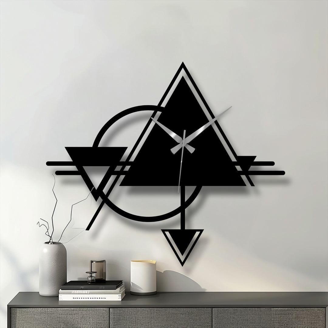 Black defines the abstract geometric metal art for wall clock with triangle and circle shapes, creating a bold and modern wall decor piece.