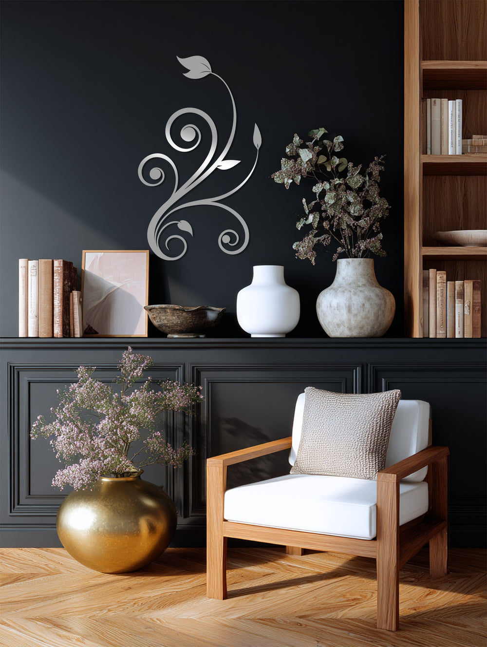Highlighting the realistic detail, this elegant floral vine metal wall art showcases the intricate swirls and botanical design, creating striking metal artwork on the dark wall.