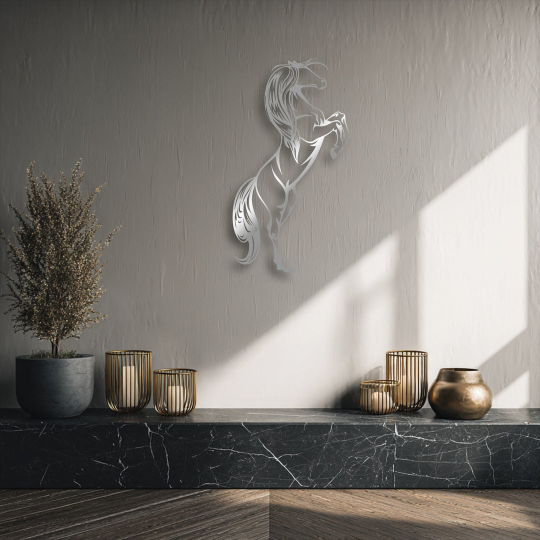 Soft greyscale tones dominate the scene, featuring elegant rearing horse metal wall decor with a dynamic animal silhouette design.