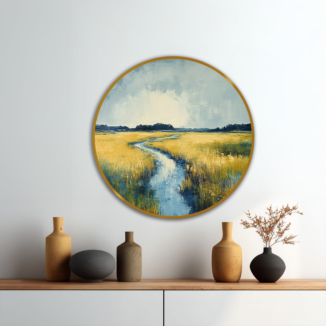 The realistic detail in this golden horizon circular meadow river landscape showcases an exquisite oil painting decoration that adds a serene touch to modern spaces.