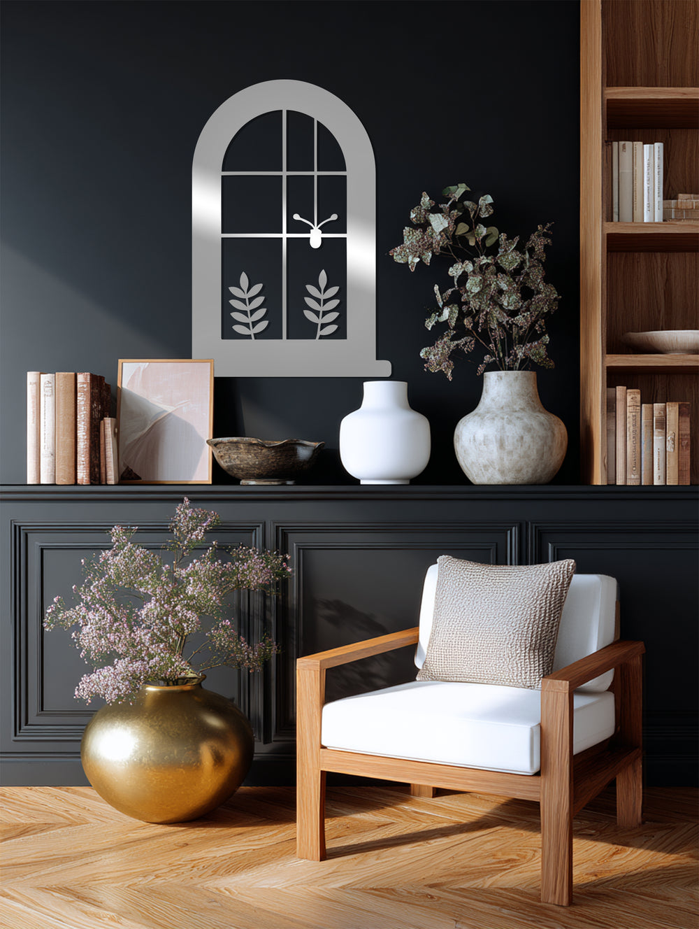 Modern arched window metal décor with butterfly design
