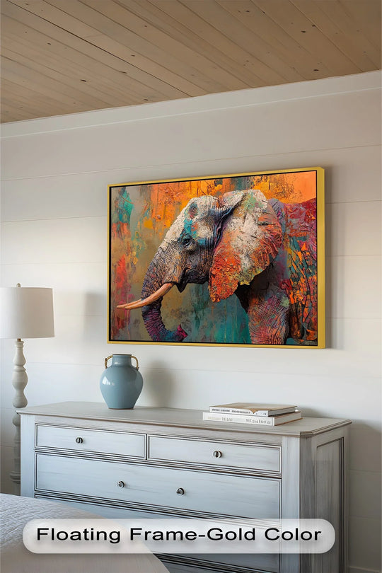 Energy emanates from the brushstrokes of this framed colorful elephant oil painting wall art, capturing the animal's essence in a dynamic surge of hues.