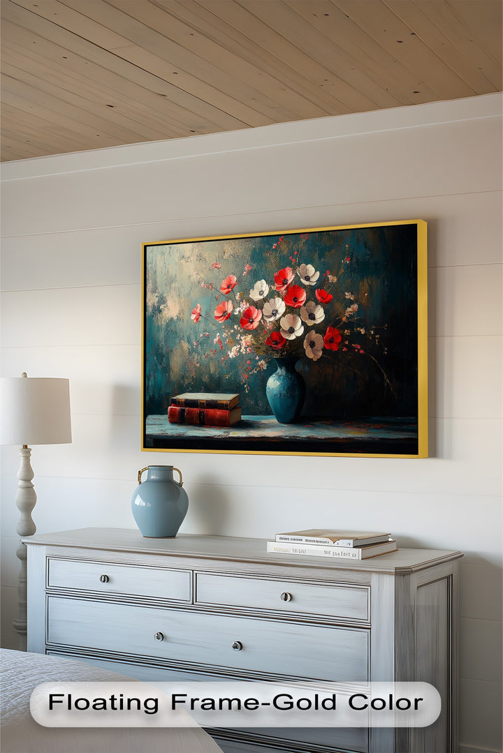 Vibrant Floral Vase with Books – Botanical Oil Paintings
