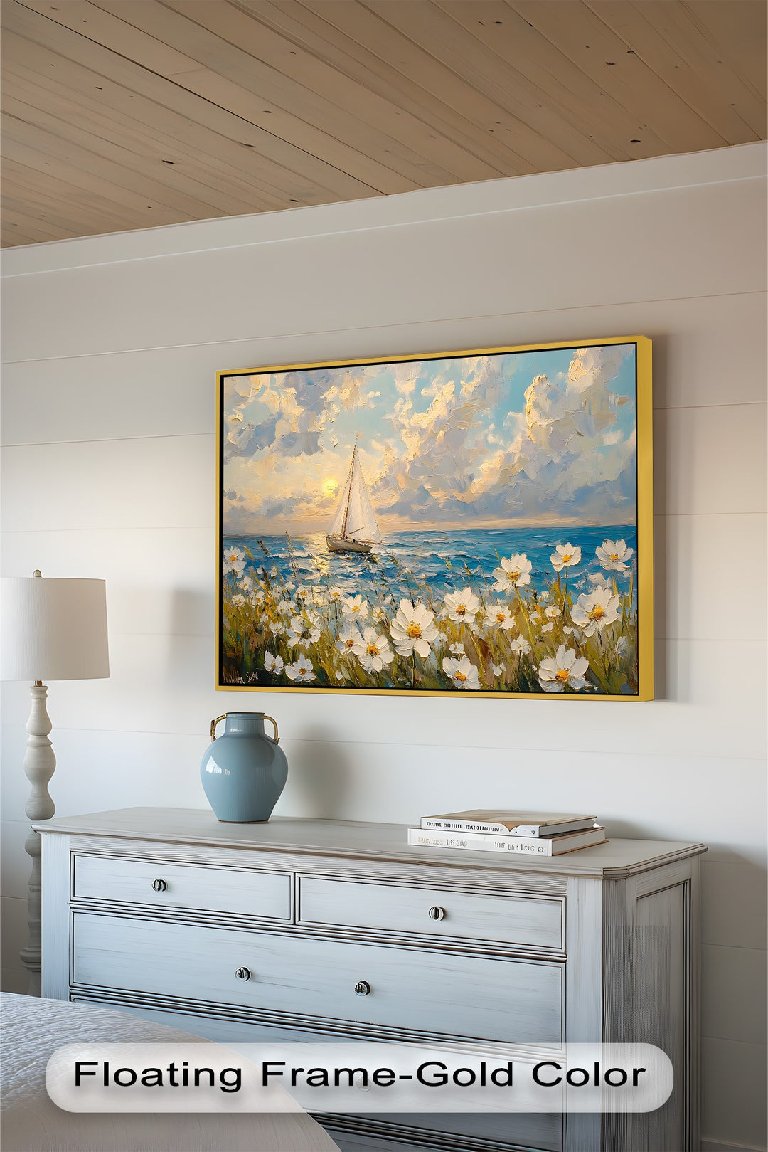 Textured nautical painting with wild blooms and calm waters.
