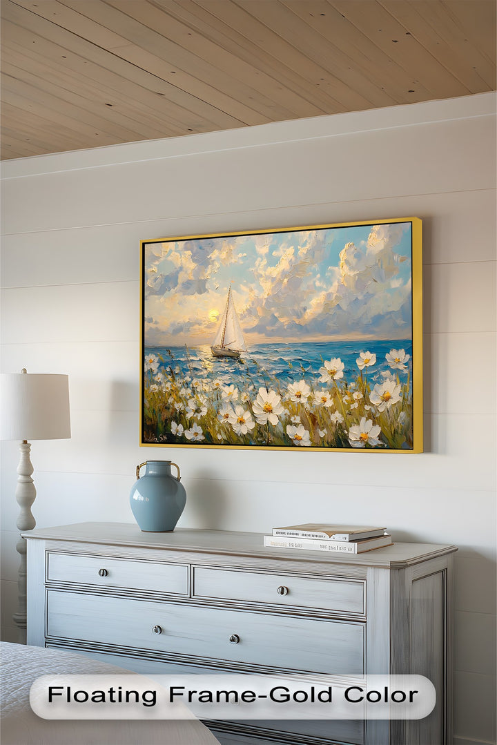 Textured nautical painting with wild blooms and calm waters.
