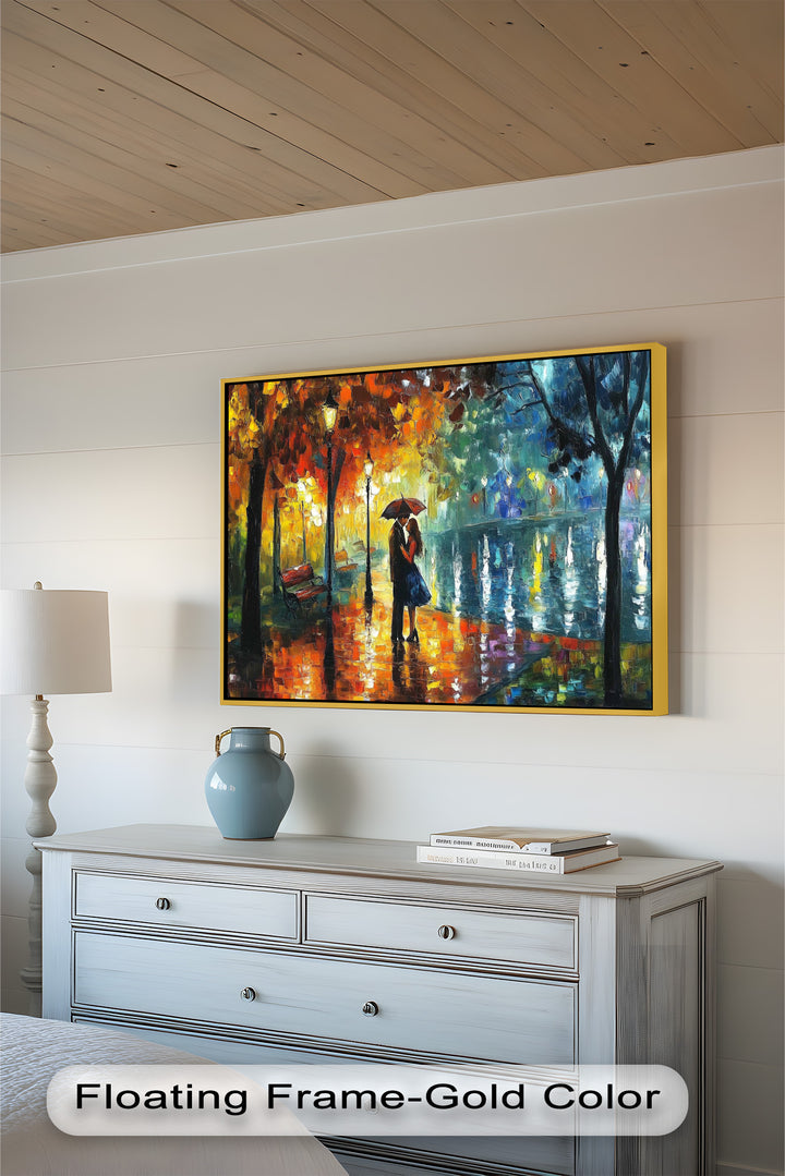 Golden Glow – Lovers Beneath the Umbrella Love Oil Painting