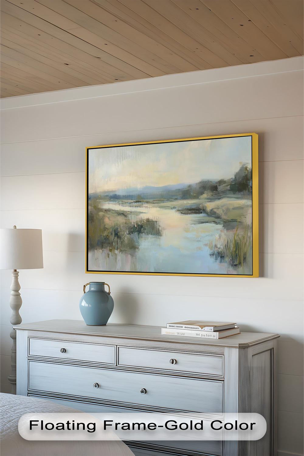 Gentle light casts over a serene river surrounded by lush grasses, with soft brushstrokes evoking calm and tranquility.

