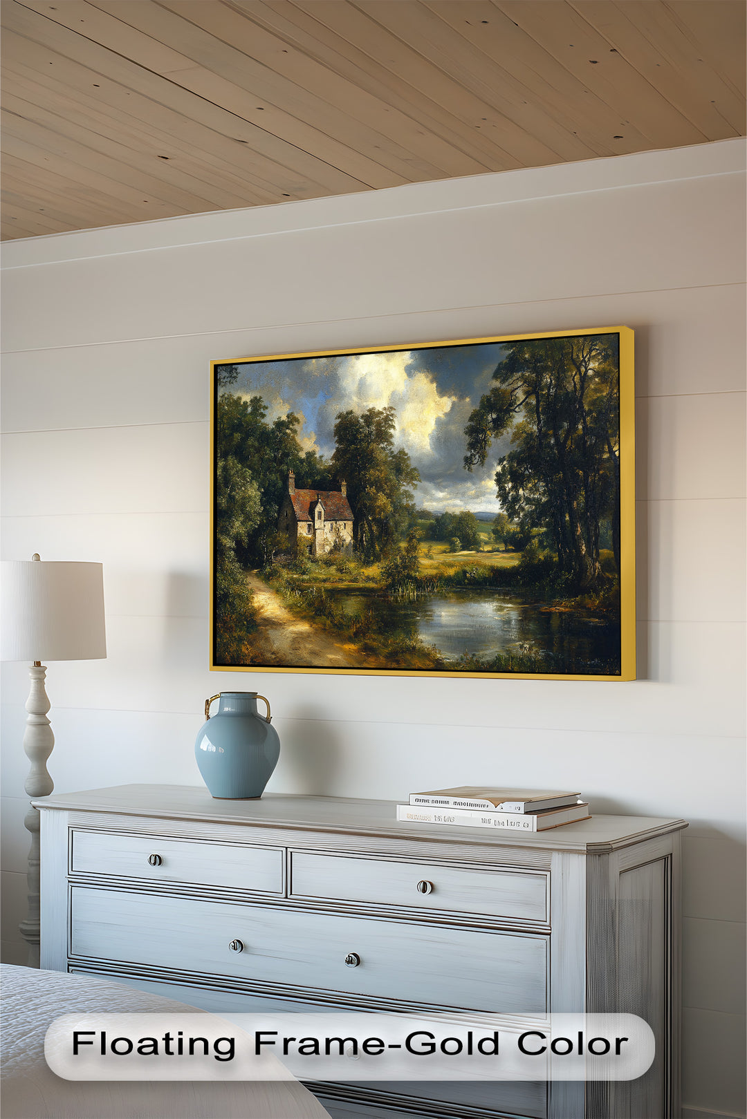 This beautifully detailed landscape painting captures the essence of rustic elegance, with a cozy stone house set against rolling fields and dramatic, sunlit clouds.