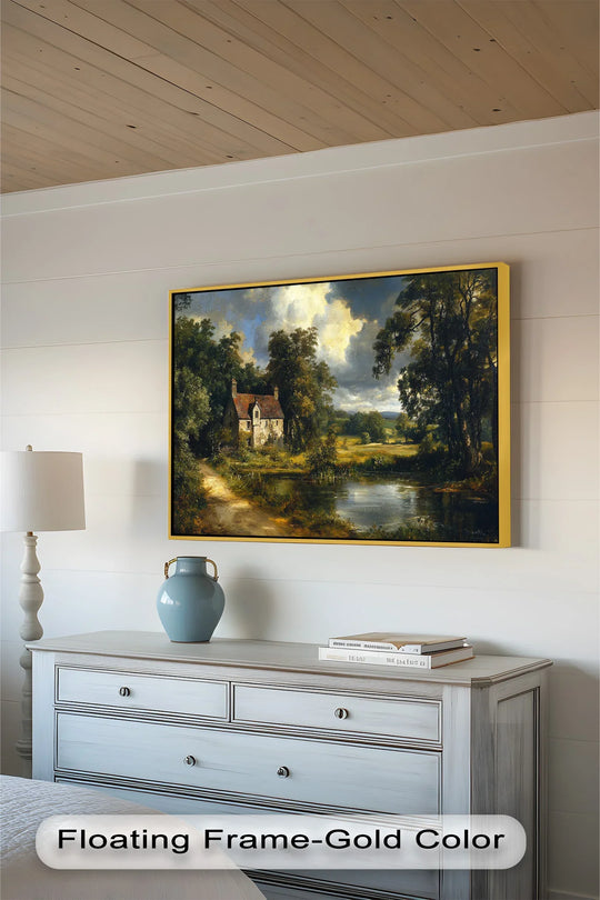 Light and shadow interplay across this rustic English cottage oil painting decoration, highlighting the charming countryside and still pond.