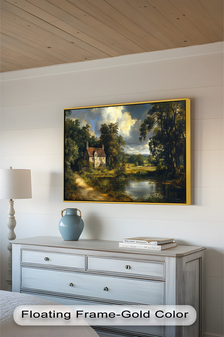This beautifully detailed landscape painting captures the essence of rustic elegance, with a cozy stone house set against rolling fields and dramatic, sunlit clouds.