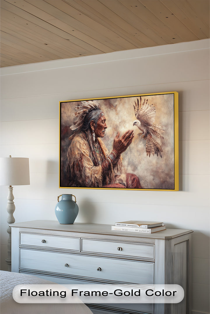 Whisper to the Spirit – Native Elder and Falcon Oil Painting