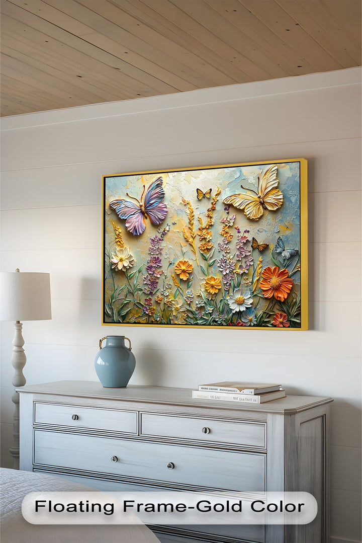 A luxurious nature-inspired artwork depicting a dreamy butterfly garden with sculpted petals, leaves, and soft, radiant light illuminating the textured details.