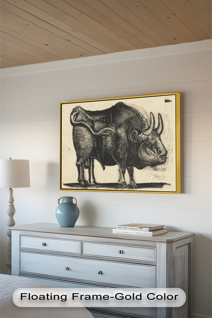 A stylized etching of a horned bull, its body carved with intricate textures and layered lines.