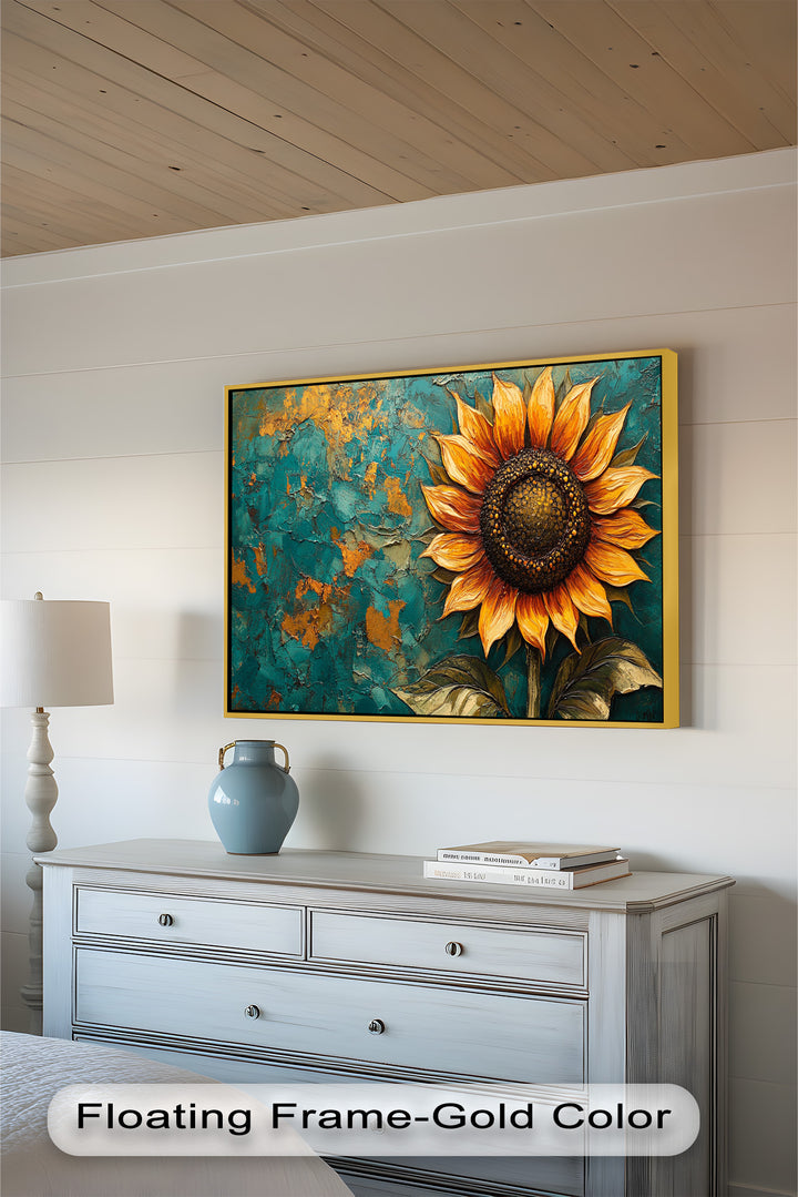 Sunflower on Textured Teal - Flower Oil Painting