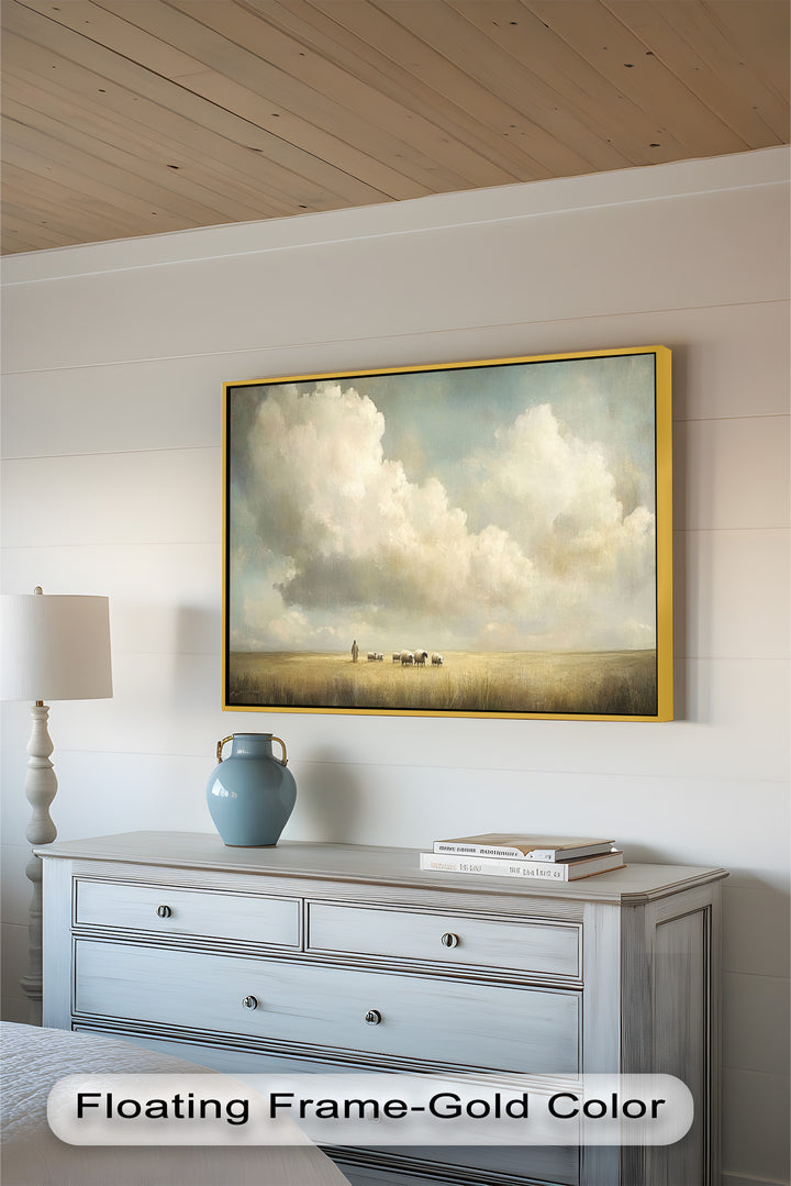 Shepherd in golden field beneath luminous cloud-filled sky.

