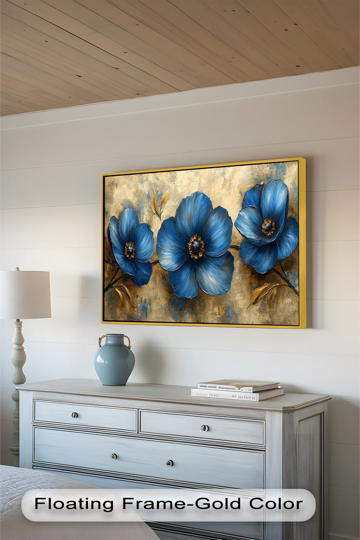 Golden Beige Elegance – Royal Blue Floral Trio Flower Oil Painting