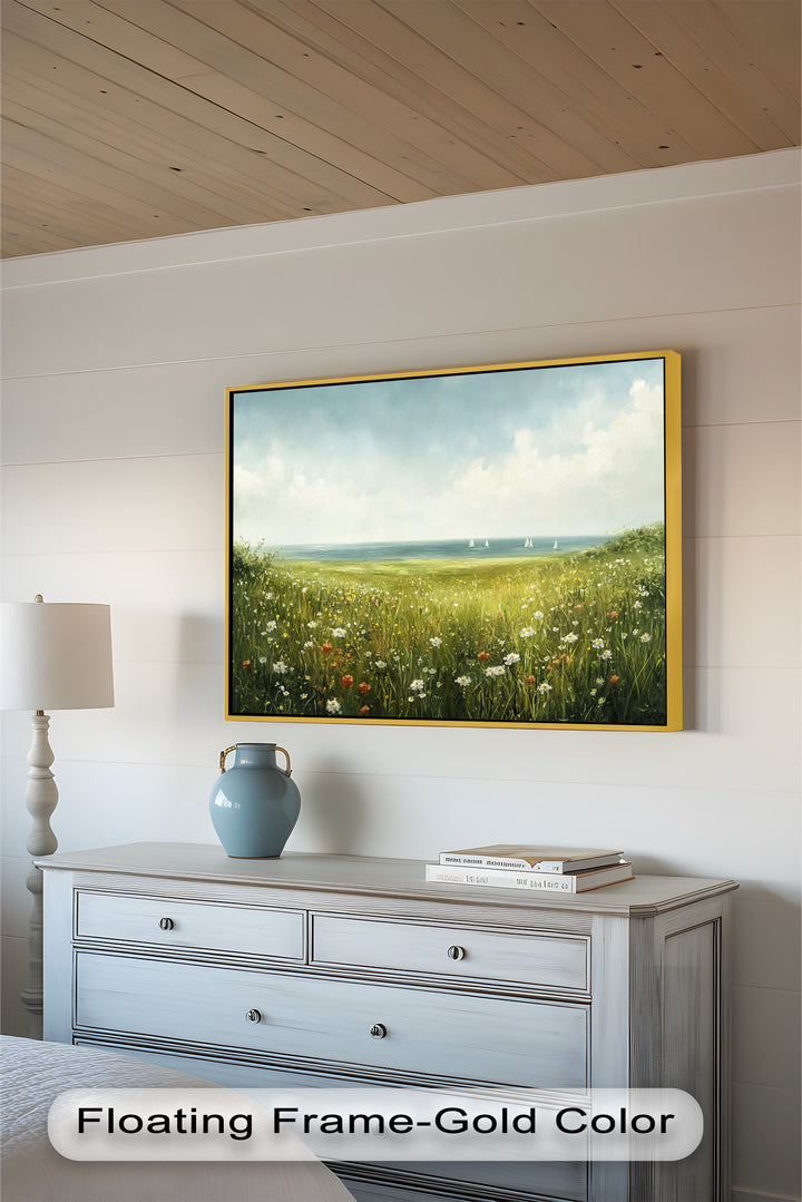 Wildflower Meadow Sea View Wall Art–Coastal Oil Painting