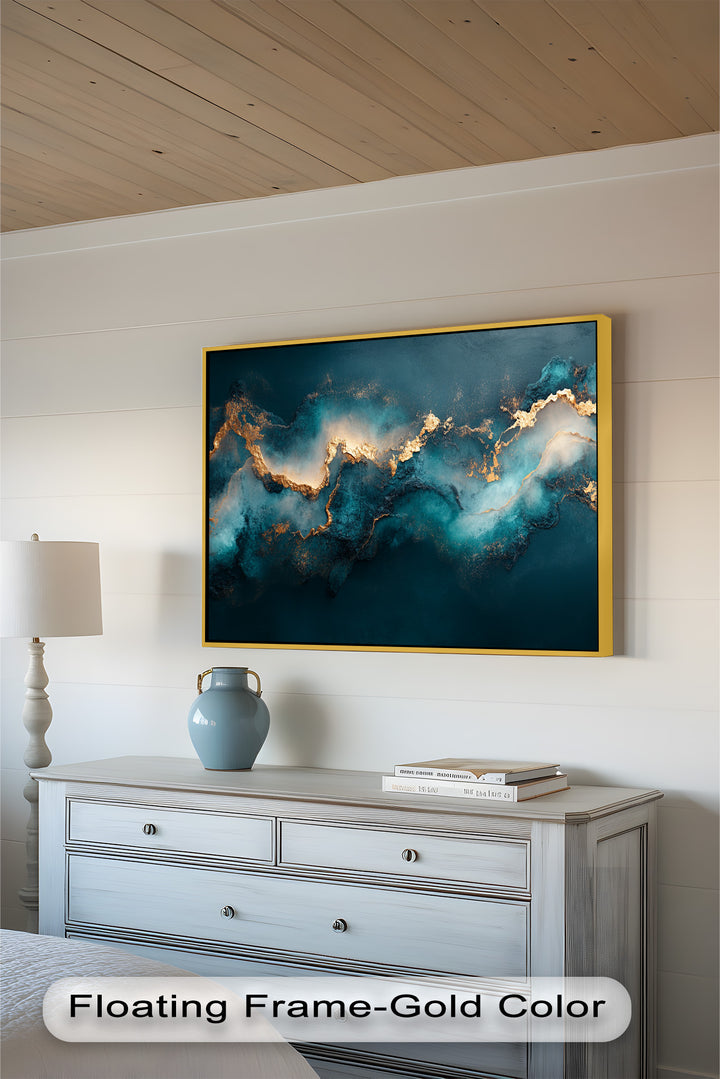 Dramatic fluid art blending dark oceanic shades with radiant golden highlights.
