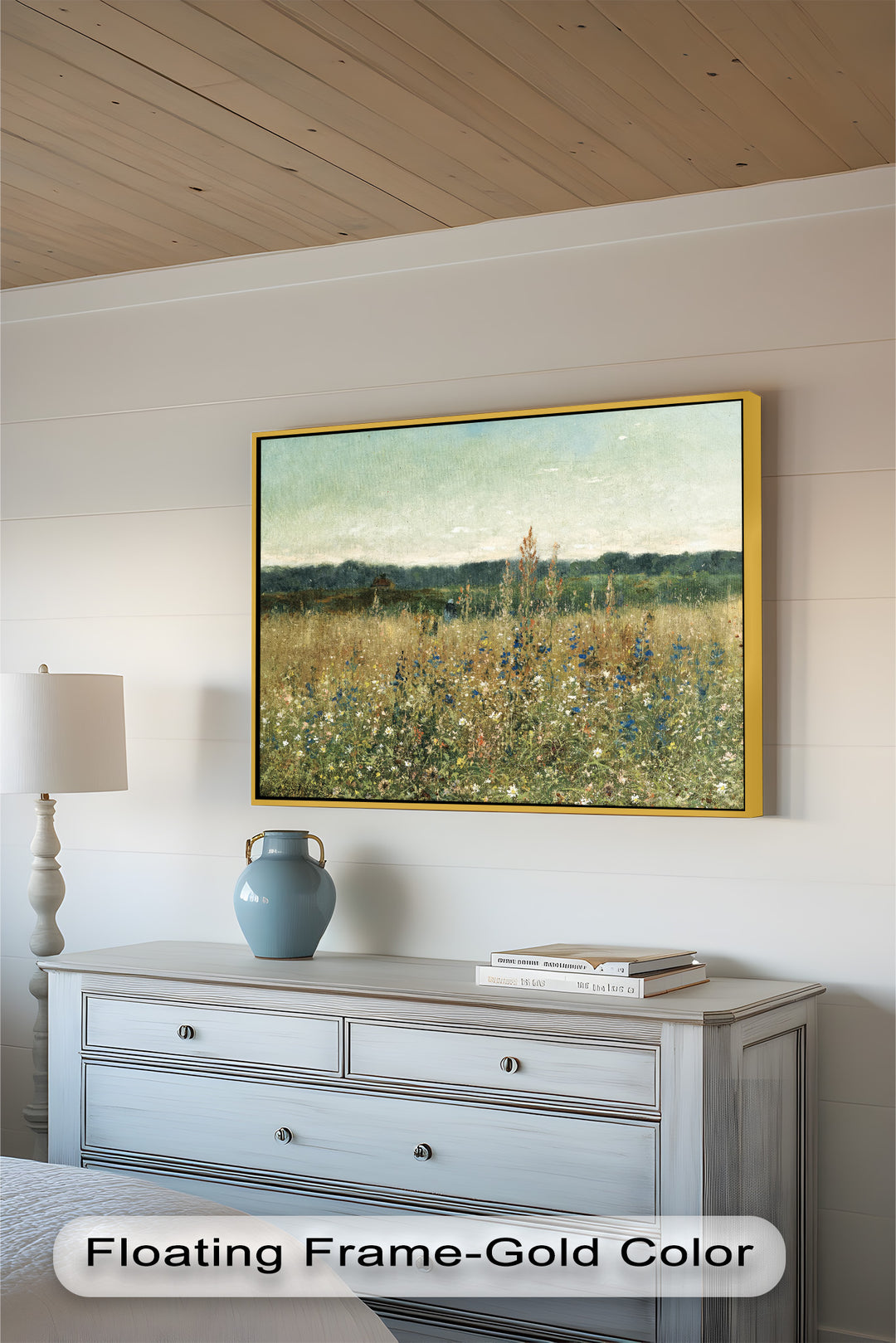 A peaceful rural scene captured in a vintage-style painting, featuring golden grasses, wild blossoms, and a lone figure blending into the tranquil surroundings.

