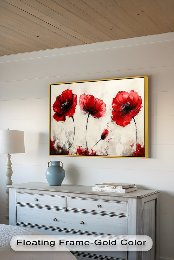 Crimson Elegance – Bold Red Poppies on Cream Flower Oil Painting
