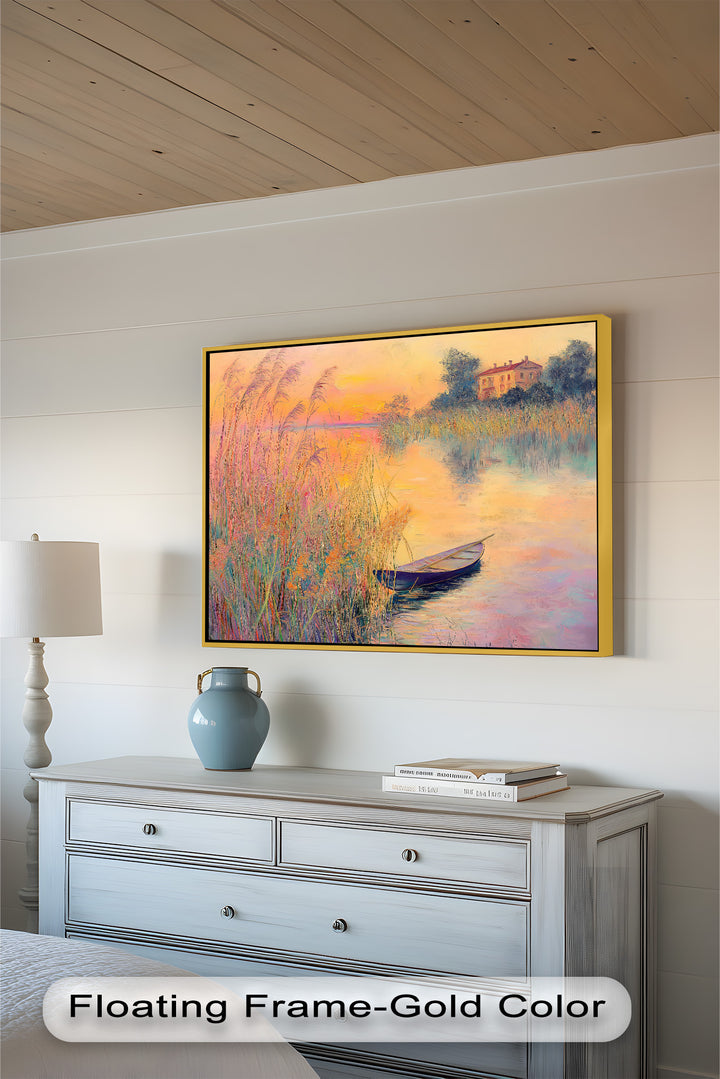 Golden Reeds and Sunset Rowboat – Impressionist Oil Painting