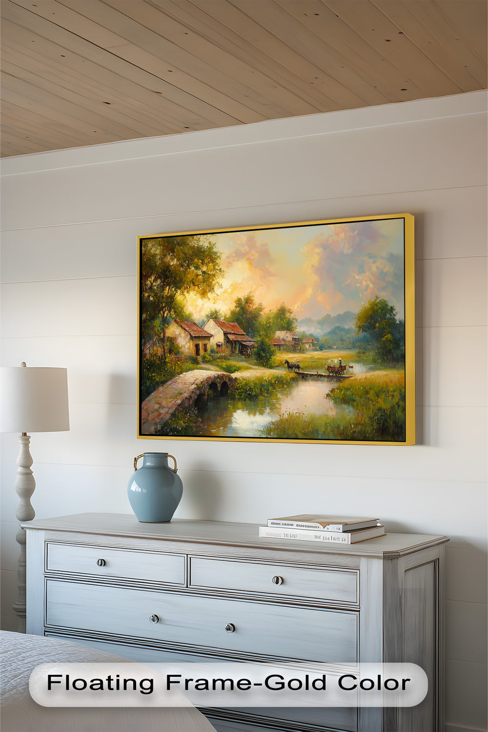 This beautifully detailed oil painting captures the essence of a tranquil rural village, bathed in the golden glow of a setting sun. A stone bridge, peaceful waters, and traditional houses bring this scenic masterpiece to life, making it a stunning focal point for any space.