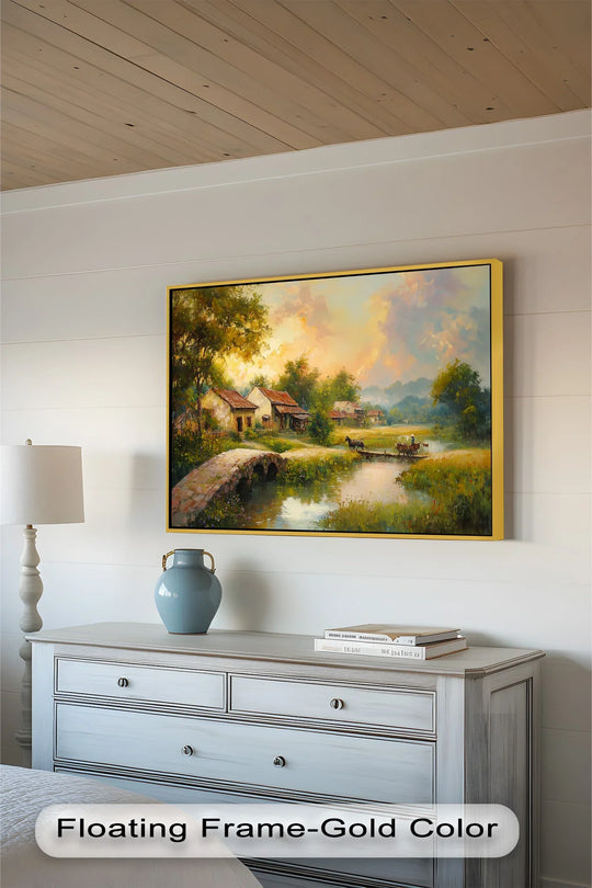Gleaming gold frames the edge of this 'Landscape in Autumn' oil painting art piece, enhancing its serene countryside view with a refined border.
