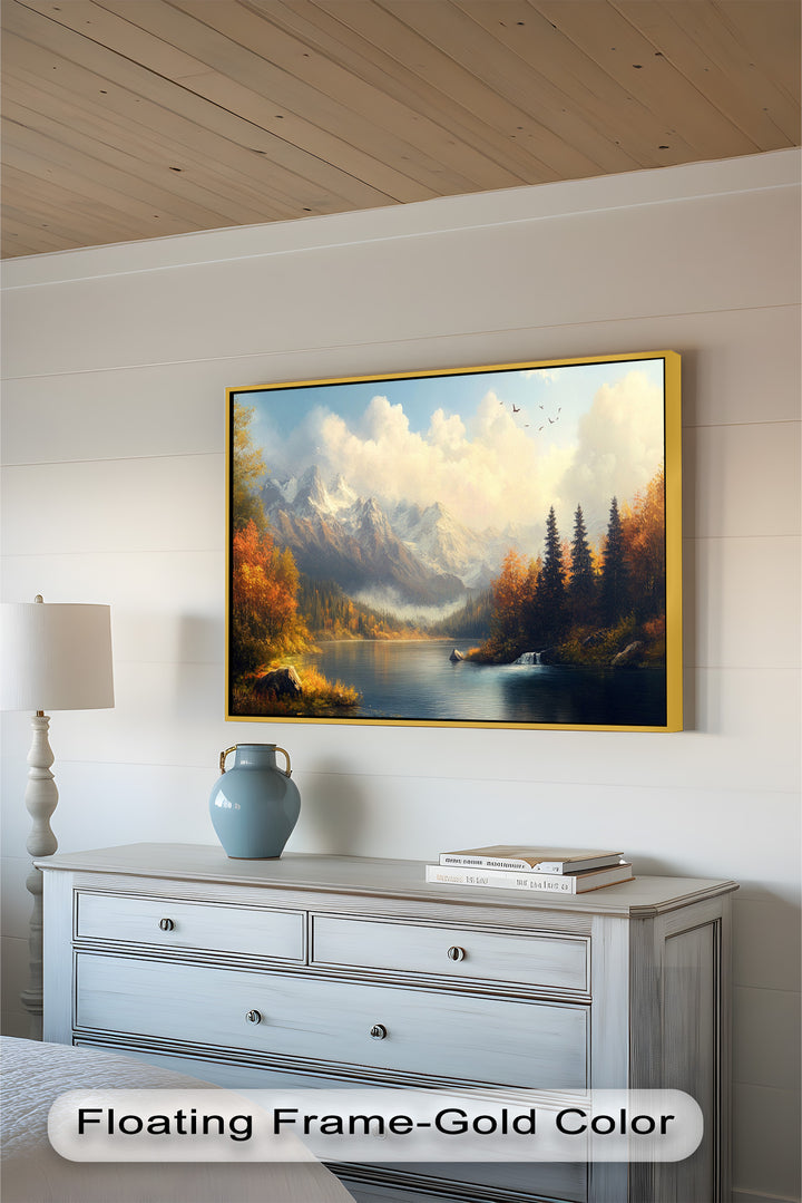 Herbstliche Seewandkunst – Ölgemälde einer Berglandschaft