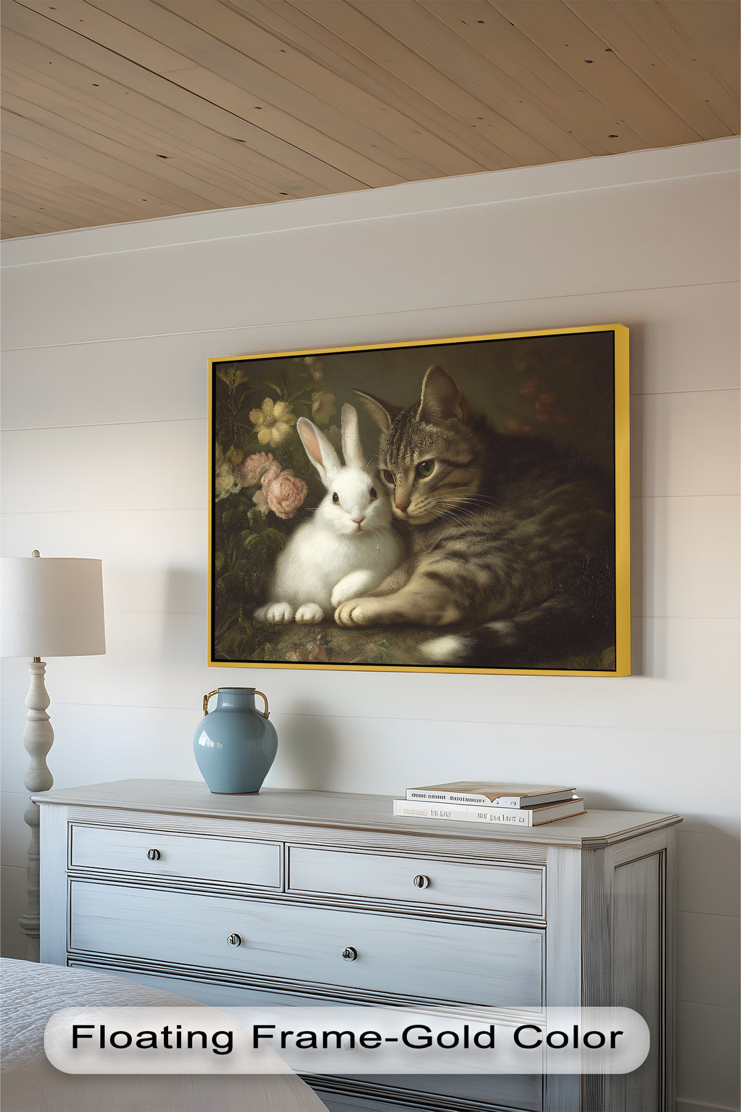 Cat and Rabbit in Floral Harmony - Animal Oil Painting