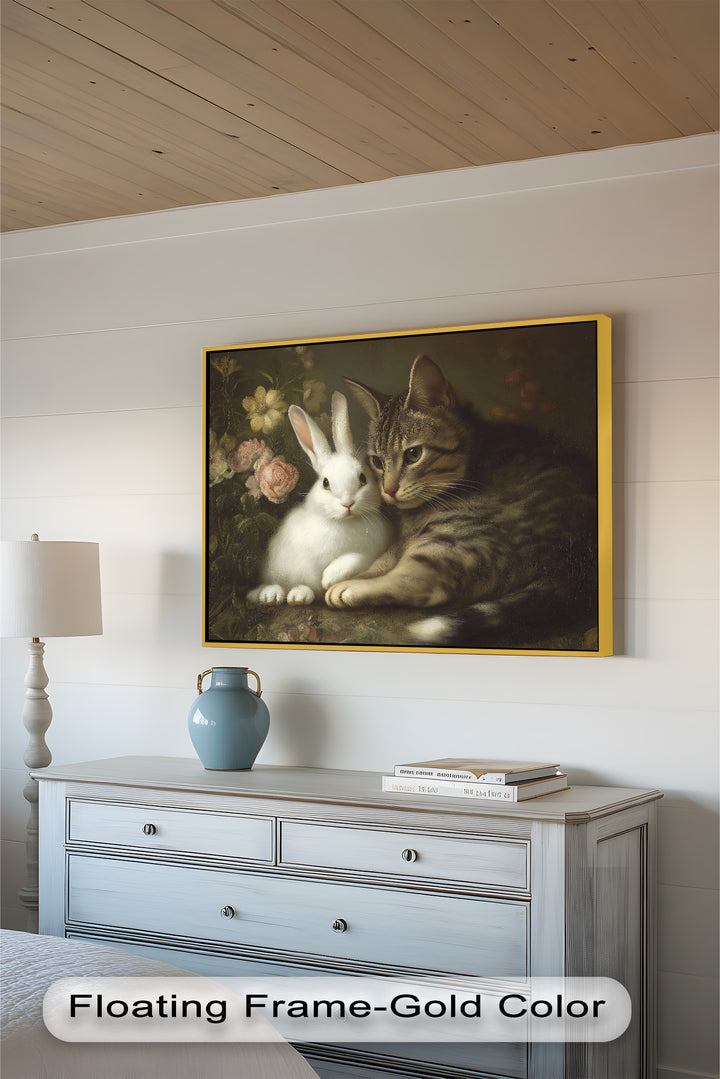 Cat and Rabbit in Floral Harmony - Animal Oil Painting