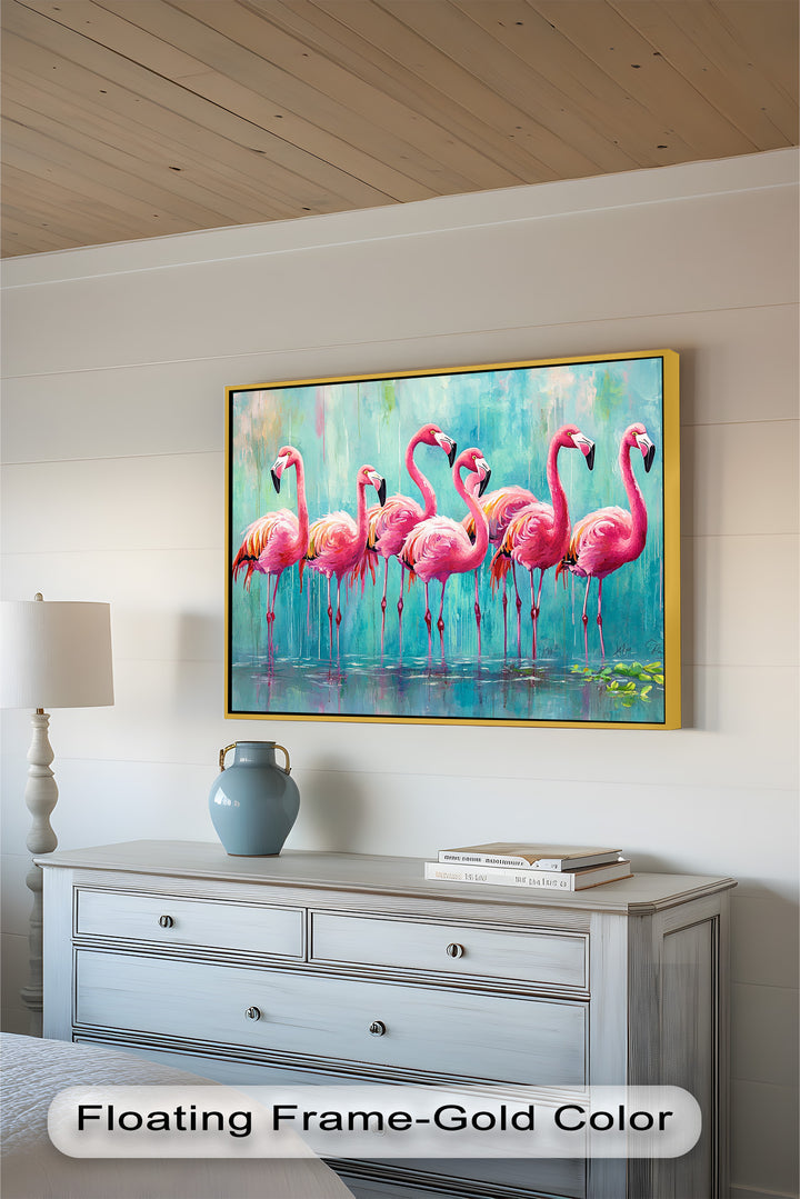 Flamingoschwarm auf dem Wasser – Tierölgemälde