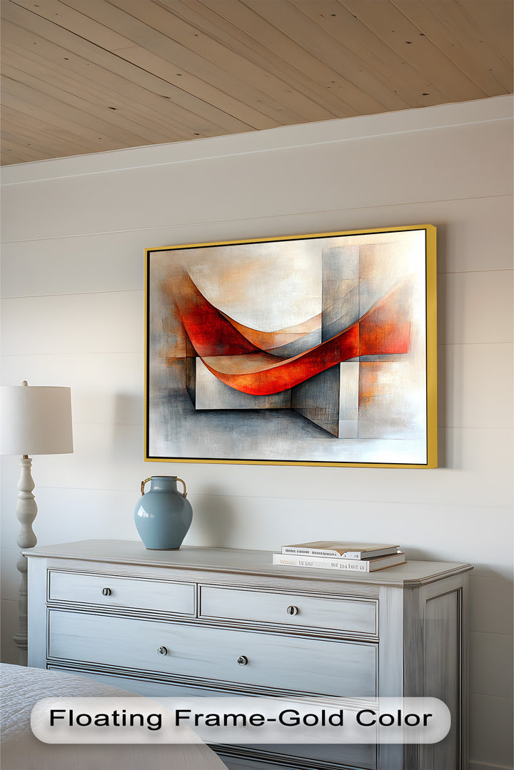 Geometrische Kunst in Weiß und Rot – Modernes gerahmtes Ölgemälde