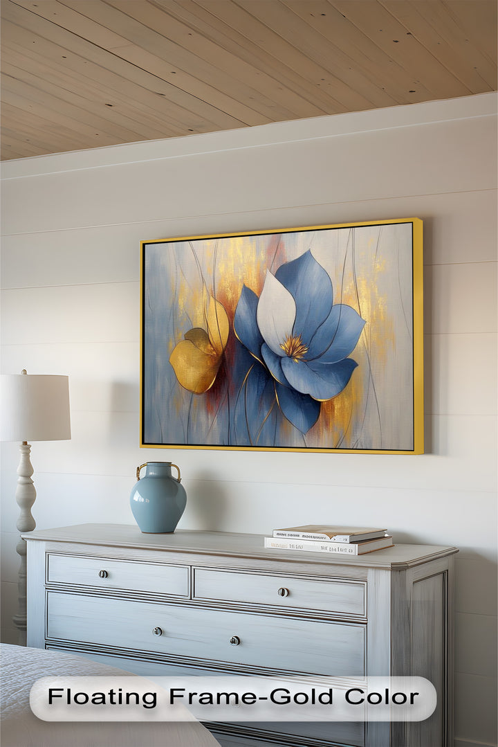 Blaue Magnolien-Wandkunst – Blumen-Ölgemälde
