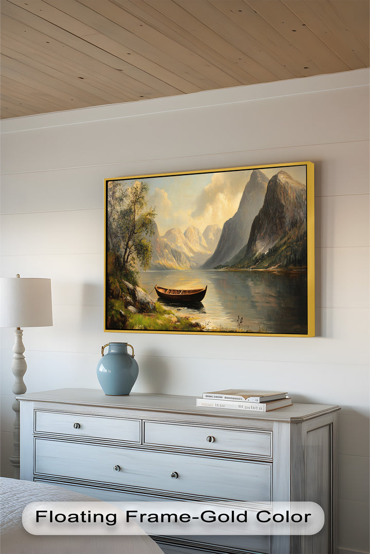 Ruhige Passage – Bergsee mit Holzboot Ölgemälde
