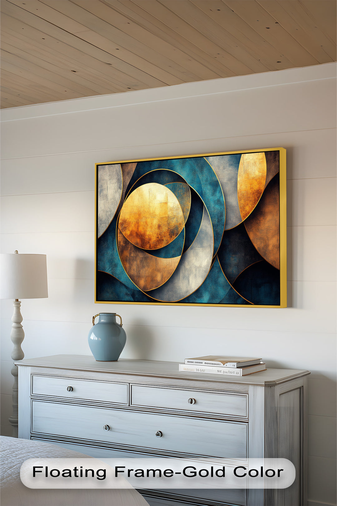 Modern geometric painting featuring luminous gold circles on a blue backdrop.
