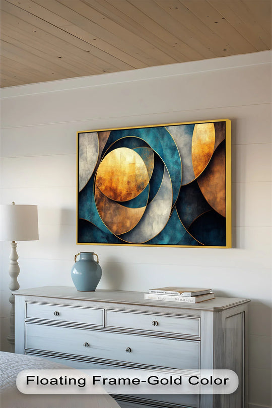 Visual rhythm emanates from this teal and gold abstract circles oil painting art piece, with layered shapes creating a harmonious and modern composition.
