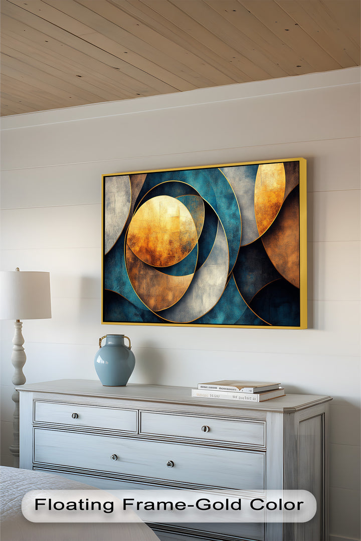 Modern geometric painting featuring luminous gold circles on a blue backdrop.
