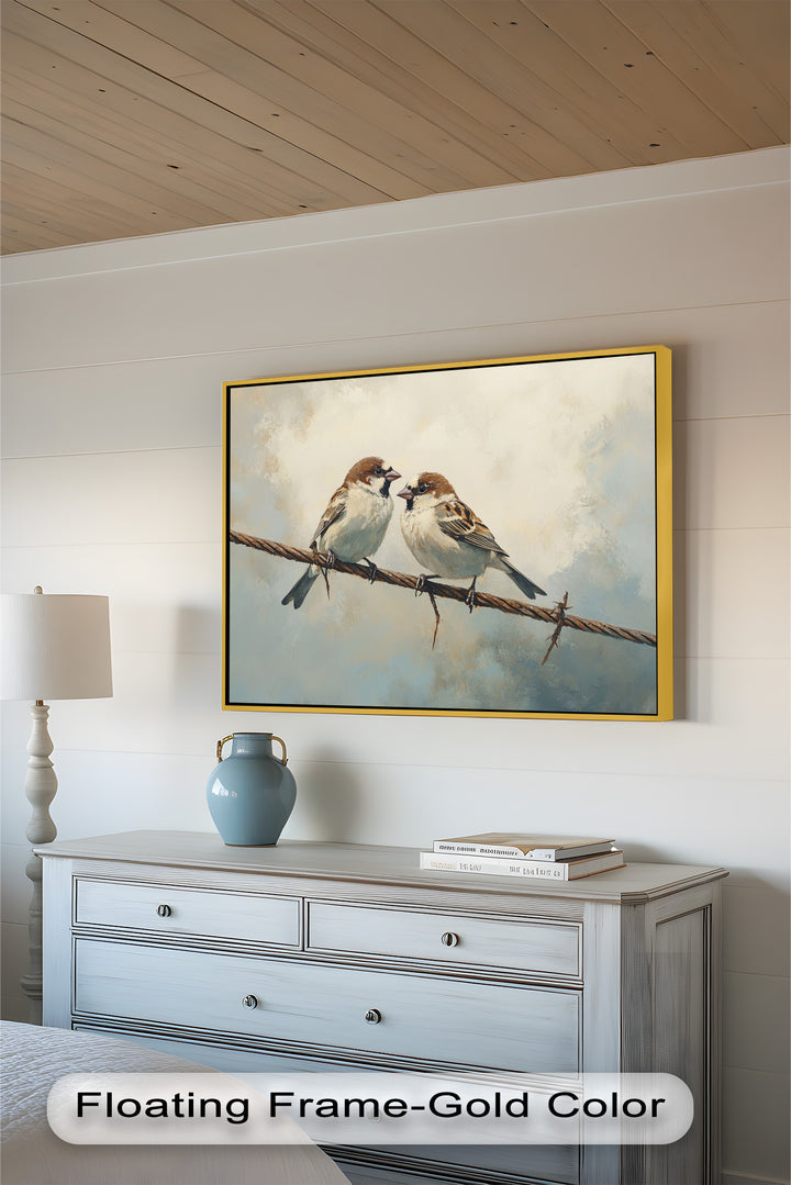 Two Sparrows on a Wire – Bird Oil Painting