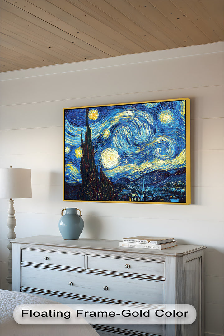 Whimsical celestial composition of stars and moon swirling above a serene nighttime village.

