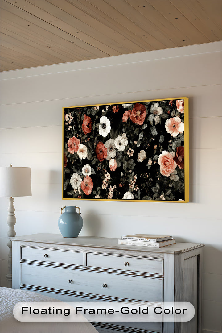 A graceful arrangement of garden flowers and leaves in warm neutral tones, standing out against a bold black background.