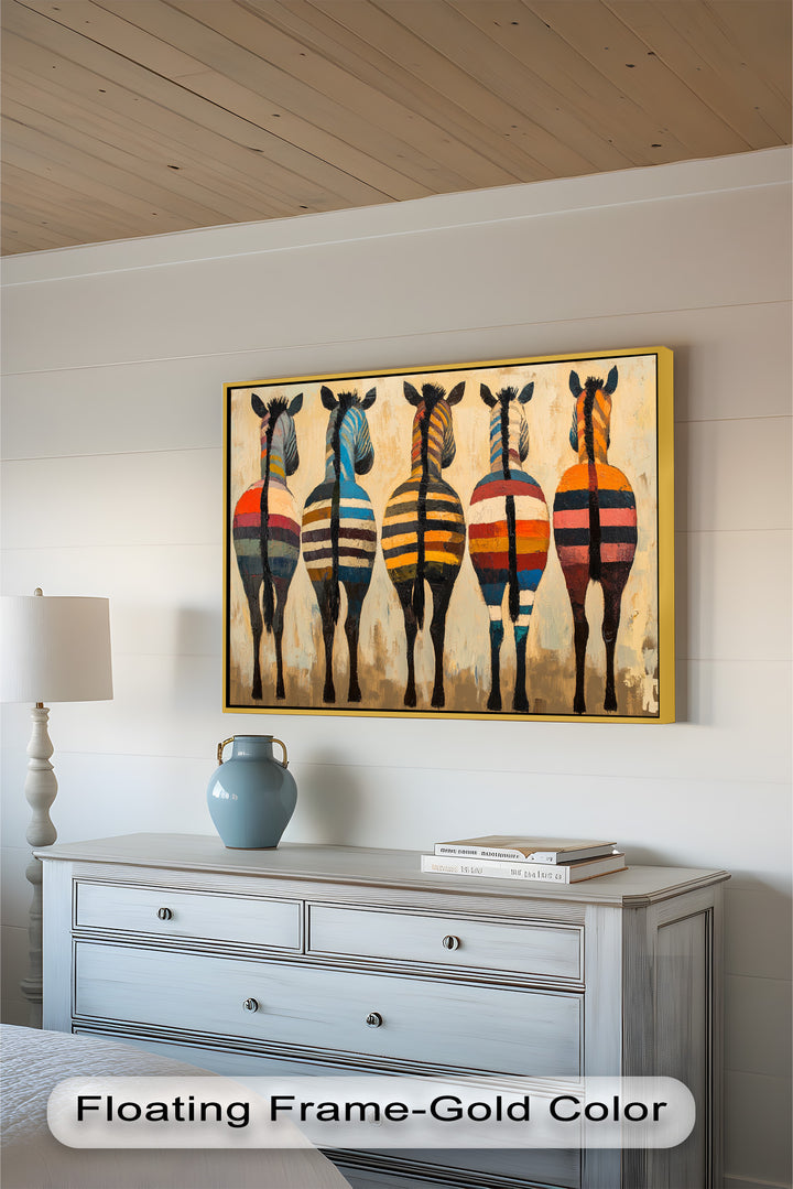 Five Colorful Zebras with Bold Stripes – Animal Oil Painting