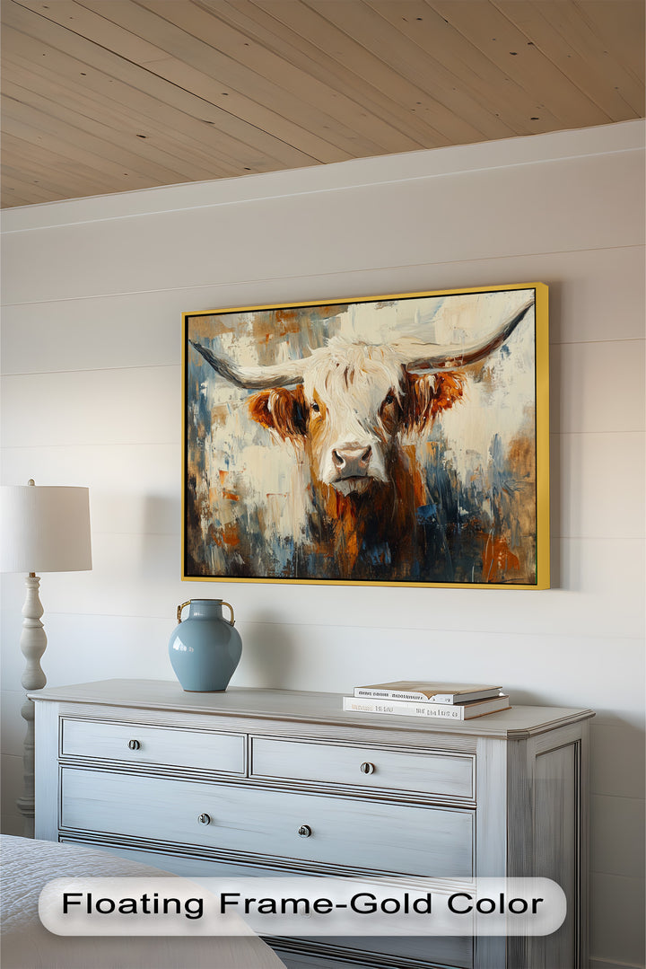 Highland Cow with White Horns – Animal Oil Painting