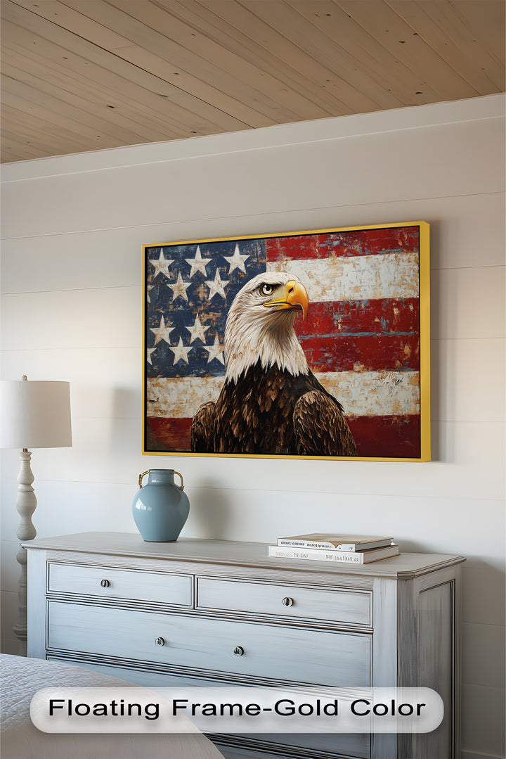 Adler mit amerikanischer Flagge – Patriotisches Ölgemälde