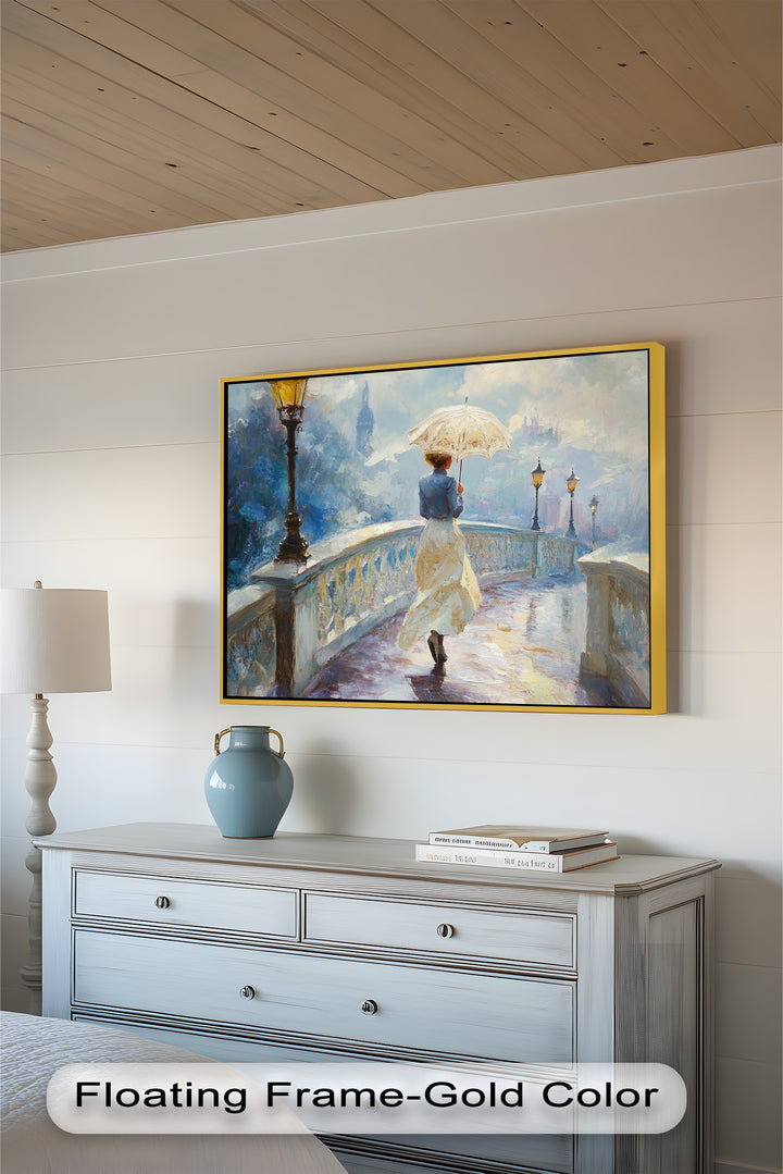 Woman with Umbrella on Cobblestone Bridge – Oil Painting