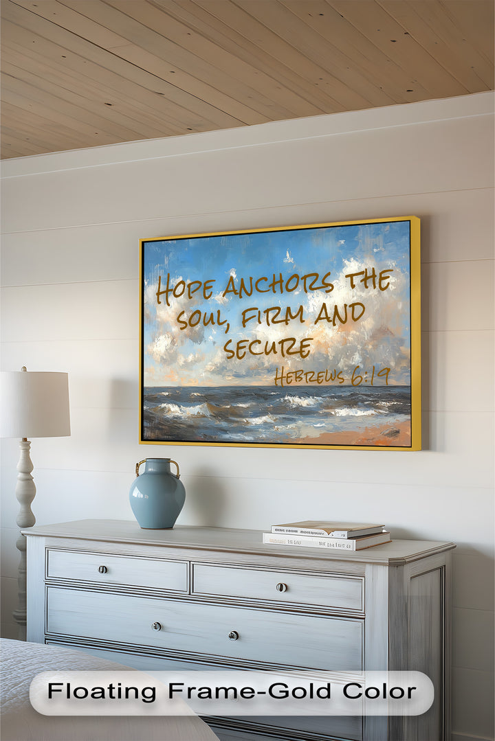 Religious Framed Art – Hebrews 6:19 Quote Over a Tranquil Ocean.






