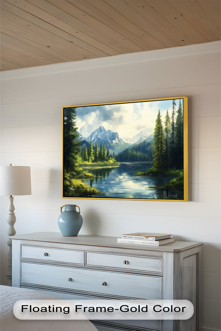 Bergsee-Wald-Wandkunst – Gerahmtes Ölgemälde