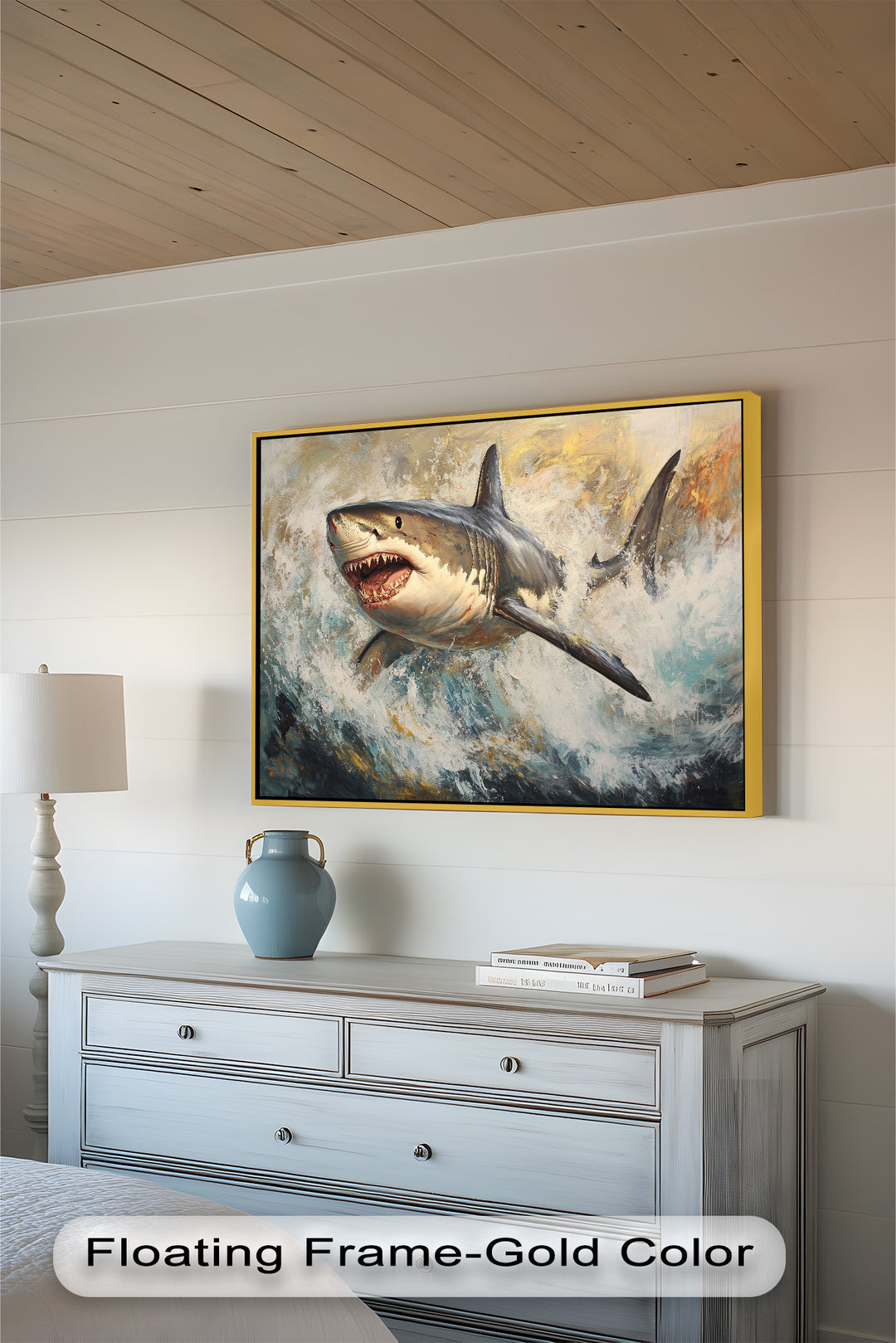 Ferocious Great White Shark Leaping Through Waves - Animal Oil Painting